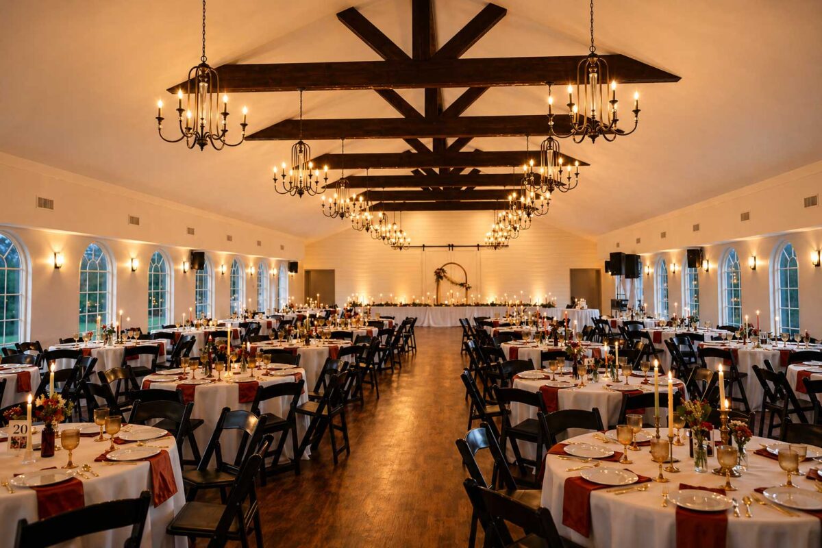 Wedding reception setup inside Willowood Ranch Event Center with round tables, chandeliers, and seating for guests near Dallas, Texas