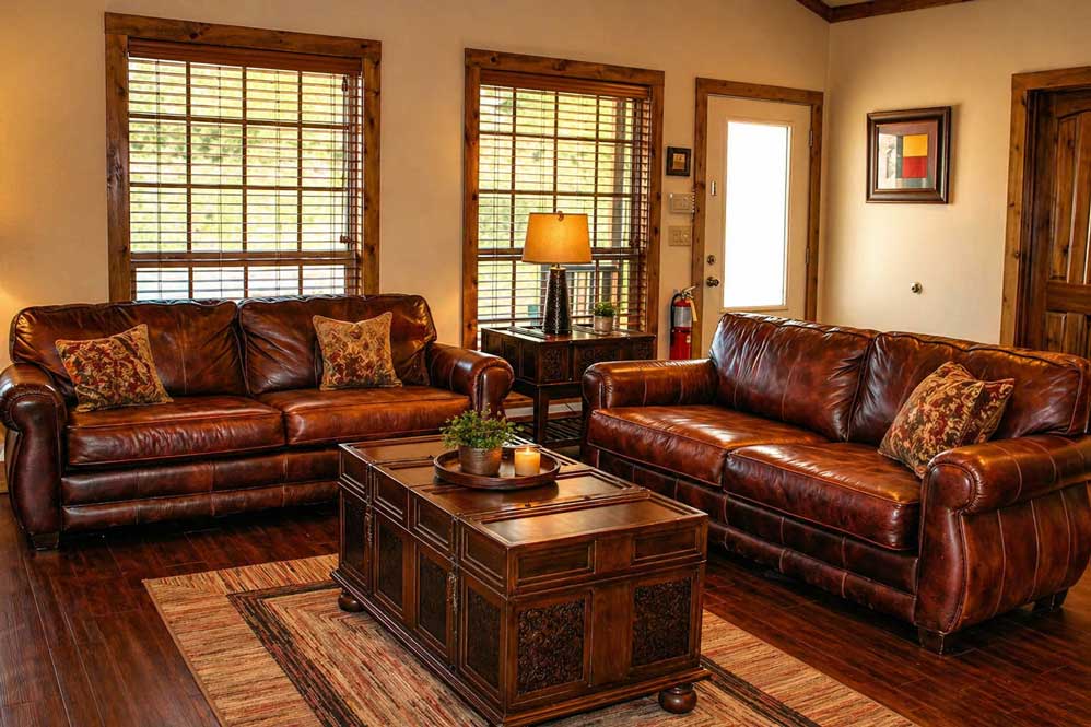 Cozy lodge living room with stone fireplace at Willowood Ranch