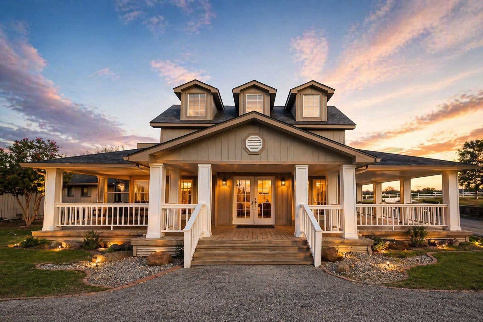 On-site wedding lodging exterior at Willowood Ranch in North Texas at sunset with wraparound porch and warm lighting