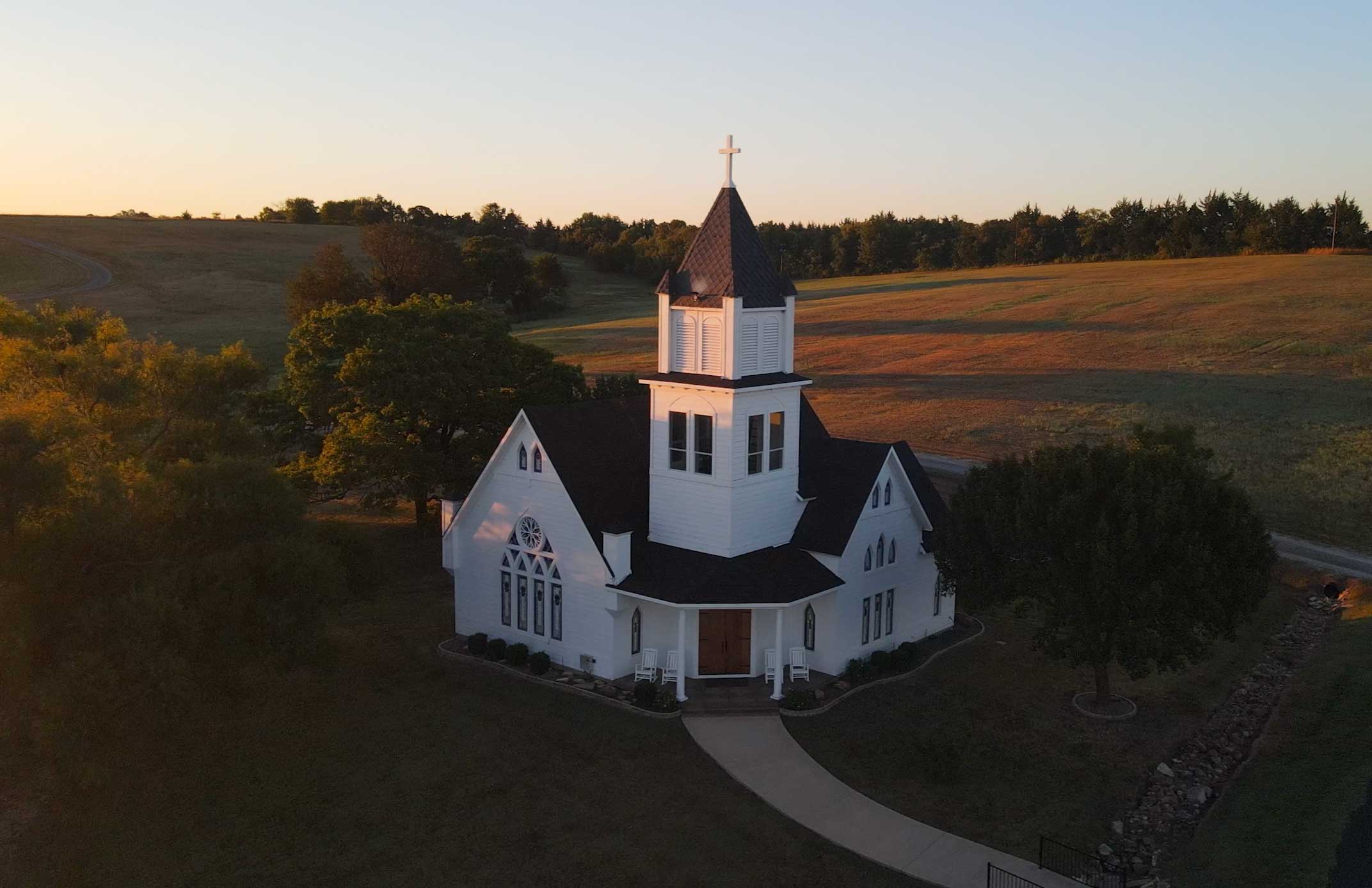 Aerial view of Willowood Ranch wedding venue chapel on 400 acres in Bells Texas near Dallas