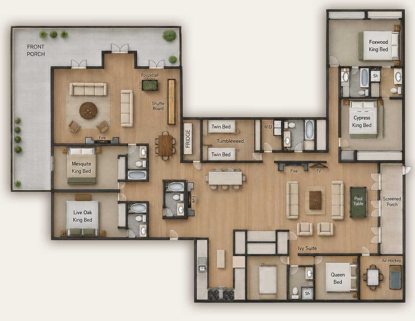 Floor plan of The Ranch House at Willowood Ranch in Bells, Texas showing six bedrooms, six bathrooms, spacious gathering areas, game room, screened porch, and full kitchen.