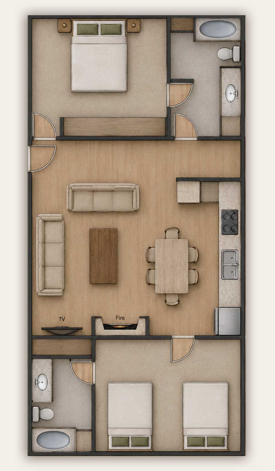 Floor plan of The Lone Star cabin at Willowood Ranch in Bells, Texas featuring two bedrooms, two bathrooms, a full kitchen, living room with fireplace, and accommodations for up to six guests.