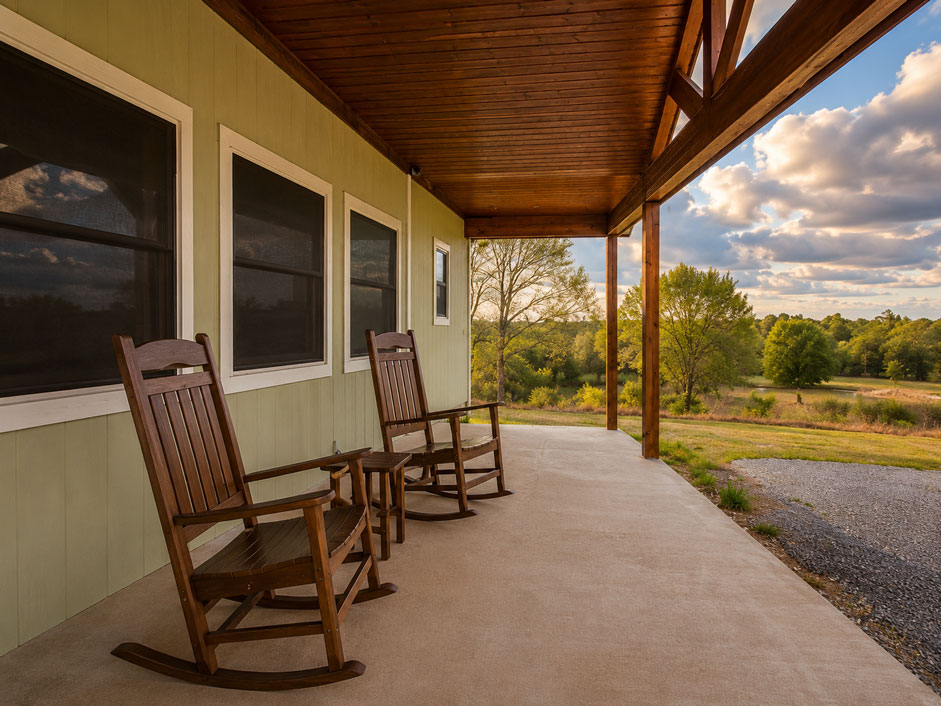 Covered front porch with rocking chairs at The Lone Star cabin at Willowood Ranch in Bells, Texas overlooking the Texas countryside