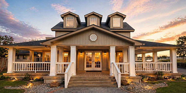 Front entrance and covered porch of The Ranch House at sunset at Willowood Ranch in Bells, Texas.