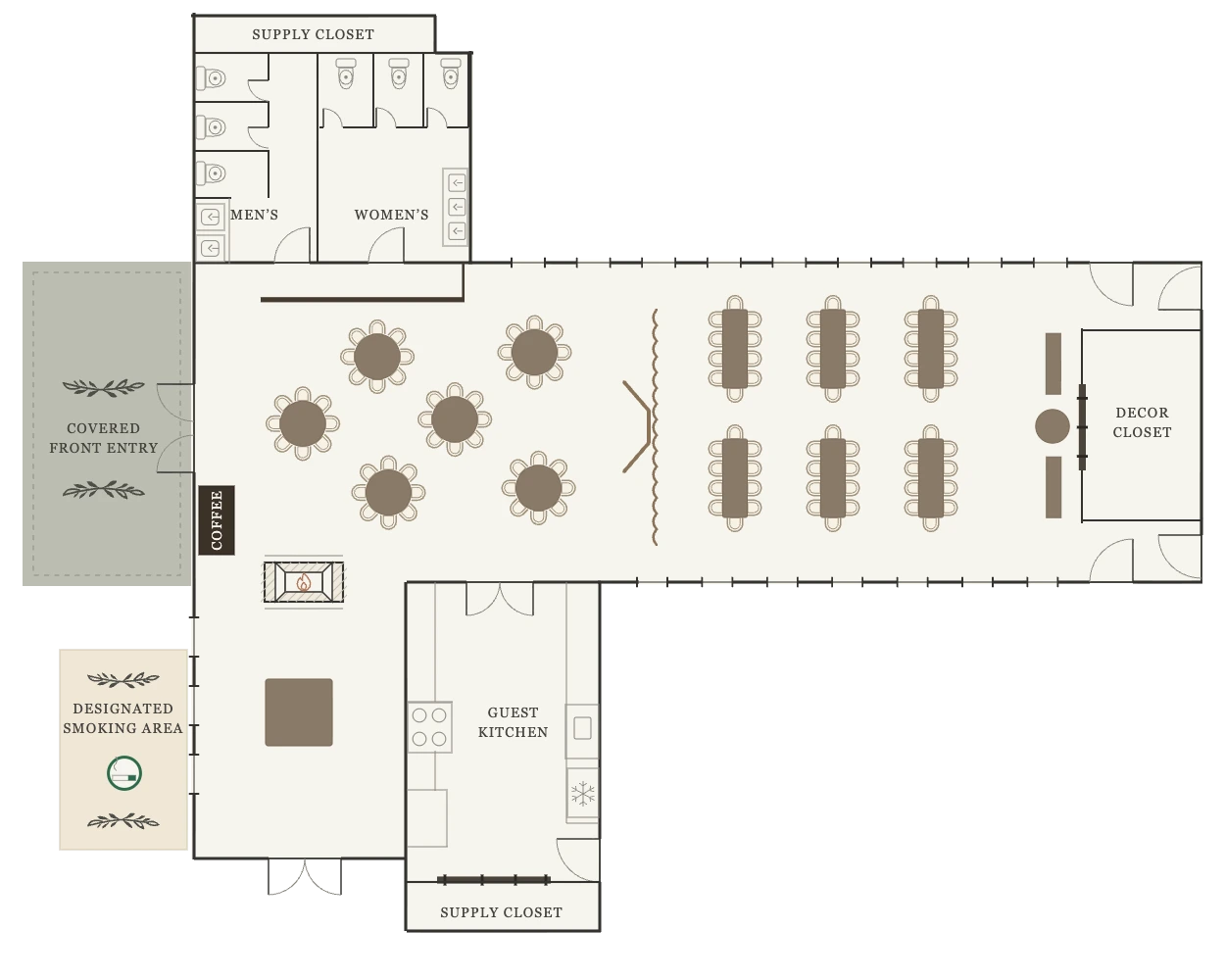 The Event Center floor plan arranged for 60 guests