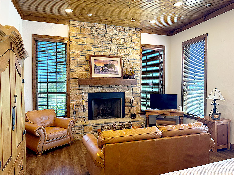 The centerpiece of The Lariat is its stunning floor-to-ceiling stone fireplace.